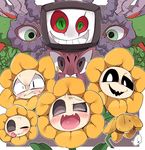  :d black_sclera blush crazy_eyes evil_smile extra_eyes fangs flower flowey_(undertale) g_perarikku highres no_humans one_eye_closed open_mouth photoshop_flowey smile spoilers sweat teeth tongue tongue_out undertale 