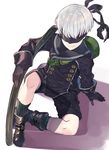  bad_id bad_twitter_id blindfold boots facing_viewer highres kikkaiki male_focus nier_(series) nier_automata smile solo sword weapon white_hair yorha_no._9_type_s 