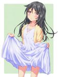  absurdres black_hair blue_eyes blush collarbone cowboy_shot dress green_background highres lifted_by_self long_hair looking_at_viewer only_sense_online simple_background skirt skirt_lift solo standing tiziart white_dress yun_(only_sense_online) 