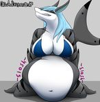  2017 anthro belly big_belly big_breasts blue_hair bra breasts clothed clothing digestion english_text female fish grey_background grey_skin hair huge_breasts kneeling long_hair marine navel orcasanddragons shark sharp_teeth signature simple_background solo teeth text underwear vore yellow_eyes 