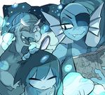  1girl androgynous blue_skin book closed_eyes eyepatch fang frisk_(undertale) g_perarikku gerson hat head_fins magnifying_glass monster_girl mushroom one_eye_closed open_mouth petting ponytail sharp_teeth shirt short_hair short_sleeves smile teeth thick_eyebrows turtle undertale undyne 