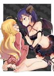  arms_behind_back bare_shoulders barefoot bat_wings bdsm black_gloves blonde_hair blue_eyes blush bondage bottomless bound bound_wrists breasts casino_(casinoep) cleavage commentary demon_girl demon_horns eye_contact eyebrows_visible_through_hair feet gabriel_dropout gloves hair_ornament hairclip hallelujah_essaim hand_on_another's_chin highres horns jacket long_hair long_sleeves looking_at_another medium_breasts messy_hair multiple_girls naked_track_jacket naughty_face open_mouth profile purple_eyes purple_hair restrained short_hair sitting skirt smile soles strapless tenma_gabriel_white track_jacket tsukinose_vignette_april tubetop very_long_hair wariza wings x_hair_ornament yuri 