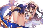  anklet armlet armpits arms_up bare_shoulders barefoot black_hair duan_henglong earrings fate/grand_order fate_(series) feet hair_ribbon highres ishtar_(fate/grand_order) jewelry legs long_hair long_legs looking_at_viewer md5_mismatch mouth_hold navel red_eyes ribbon single_thighhigh solo thighhighs toeless_legwear toes twintails 