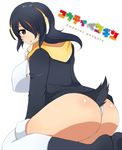  :o afuro ass bird_tail black_hair black_jacket blush breasts brown_eyes character_name copyright_name covered_nipples drawstring emperor_penguin_(kemono_friends) from_side headphones hood hood_down jacket kemono_friends large_breasts leaning_forward leotard long_sleeves looking_at_viewer looking_to_the_side multicolored multicolored_clothes multicolored_hair multicolored_legwear open_clothes open_jacket open_mouth red_hair seiza shiny shiny_skin simple_background sitting solo streaked_hair tail thighhighs white_background white_leotard 