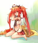  bangs barefoot black_ribbon closed_mouth eyebrows_visible_through_hair fate/grand_order fate_(series) hair_between_eyes hair_ornament long_hair looking_at_viewer mouth_hold navel red_eyes red_hair ribbon see-through sidelocks sita_(fate/grand_order) sitting solo twintails tying_hair very_long_hair wanko_(takohati8) wariza 
