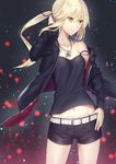  artoria_pendragon_(all) bangs belly_peek belt black_ribbon black_shorts blonde_hair camisole commentary_request cowboy_shot eyebrows_visible_through_hair fate/grand_order fate_(series) hair_between_eyes hair_ribbon hand_in_hair hand_on_hip hand_up hips hood hoodie jewelry light_smile lip-mil long_hair looking_to_the_side navel necklace open_clothes open_hoodie parted_lips ponytail ribbon saber_alter short_shorts shorts sidelocks smile solo strap_slip thighs yellow_eyes 