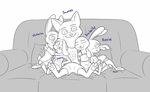  2017 :3 anthro canine clothed clothing cub disney ear_over_eye english_text fan_character female fox group hug kneeling lagomorph male mammal rabbit reclining restricted_palette simple_background sitting smile sofa text tggeko white_background young zootopia 