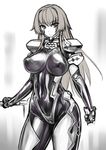  bodysuit breasts covered_nipples cowboy_shot greyscale hair_ribbon large_breasts long_hair looking_at_viewer monochrome muvluv muvluv_alternative muvluv_total_eclipse pilot_suit ribbon rindou_(radical_dream) skin_tight solo takamura_yui very_long_hair 