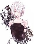  arms_behind_back bare_shoulders black_gloves breasts collarbone elbow_gloves floral_background gloves grey_eyes hair_over_eyes lips looking_at_viewer nier_(series) nier_automata sakai_sei short_hair small_breasts solo upper_body white_hair yorha_type_a_no._2 