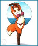  2017 anthro armpits arms_above_head bikini border breasts canine carissa cleavage clothed clothing dipstick_tail ear_piercing female fox gloves_(marking) green_eyes hair inner_ear_fluff looking_at_viewer mammal markings multicolored_tail navel piercing pose red_hair sea simple_background slightly_chubby smile socks_(marking) solo standing swimsuit water zannah 