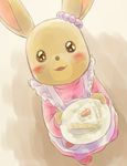  80s :3 apron blush bunny cake dress food furry happy looking_at_viewer maple_town no_humans oldschool patty_(maple_town) shoes smile solid_circle_eyes solo walking yamanokonza 