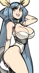  alternate_costume bangs blue_hair breasts cleavage dizzy eyebrows_visible_through_hair guilty_gear hair_rings half_updo hand_in_hair highres large_breasts leotard long_hair maniacpaint no_wings red_eyes solo tail thighs twintails very_long_hair 