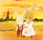  1girl 80s apron brothers bunny dress frown furry heart maple_town no_humans oldschool patty_(maple_town) shirt shoes siblings solid_oval_eyes sun sunset tree 