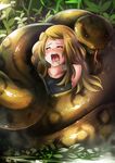  1girl anaconda blonde_hair blue_eyes coiled interspecies open_mouth pokemon pokemon_(anime) serena_(pokemon) short_hair solo_focus tears thighhighs vore 