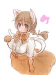  1girl animal_ears blue_eyes blush braids brown_hair cosplay gloves kemono_friends lynette_bishop night_museum_(artist) open_mouth ribbon serval_(kemono_friends)_(cosplay) skirt strike_witches tail world_witches_series 