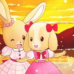  80s bunny dog dress furry happy maple_town multiple_girls no_humans oldschool one_eye_closed patty_(maple_town) rolly_(maple_town) smile solid_oval_eyes sunset 