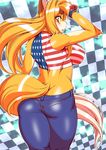  abstract_background amakuchi anthro big_breasts breasts butt canine clothing female fox foxy-rena hand_on_head jeans kemono looking_back mammal midriff nipple_bulge pants shirt solo stars_and_stripes tank_top united_states_of_america whiskers wide_hips 
