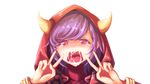  1girl cum cum_in_mouth face fake_horns highres hood horns kagari_(pokemon) kagari_(pokemon)_(remake) long_sleeves looking_at_viewer open_mouth pokemon pokemon_(game) pokemon_oras purple_eyes purple_hair saliva simple_background solo sweater team_magma tears turtleneck turtleneck_sweater v vambraces white_background 