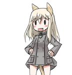  1girl animal_ears blonde_hair blush hand_on_hip hands_on_hip long_hair military_uniform msgtkurage open_mouth ottilie_kittel strike_witches tail thighs world_witches_series 