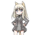  1girl animal_ears blonde_hair blue_eyes blush hand_on_hip hands_on_hip long_hair military_uniform msgtkurage ottilie_kittel strike_witches tail thighs world_witches_series 
