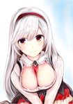  anna_(sennen_sensou_aigis) breasts cleavage hairband large_breasts leaning_forward long_hair looking_at_viewer nannacy7 red_eyes sennen_sensou_aigis smile solo white_hair 