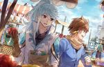  bag bird boat brown_hair day earrings feather_earrings food fruit gloves green_eyes highres holding holding_food holding_fruit jewelry long_hair long_sleeves looking_at_another male_focus market mikleo_(tales) multiple_boys ocean open_mouth outdoors purple_eyes qitoli seagull sorey_(tales) standing sword tales_of_(series) tales_of_zestiria watercraft weapon 