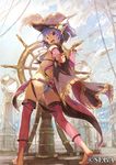  :d ass bangs barefoot blue_hair cape chain_chronicle character_request commentary_request day flying_fish fringe_trim full_body hat hat_feather jewelry legband looking_at_viewer looking_back open_mouth peixe_(chain_chronicle) pirate_hat pointing pointing_at_viewer pointy_ears purple_eyes ship's_wheel short_hair smile soles solo standing thighhighs thighlet toeless_legwear tomioka_jirou watermark 