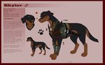  armor canine clothed clothing doberman dog english_text feral kitchiki male mammal model_sheet nude paws solo standing text 