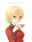  aqua_eyes bangs blonde_hair braid buttons character_name cup darjeeling english eyebrows eyebrows_visible_through_hair eyelashes fingernails from_side girls_und_panzer hair_between_eyes hand_up holding holding_cup jacket long_sleeves looking_at_viewer military military_uniform red_jacket rushi_(bloodc) smile solo st._gloriana's_military_uniform teacup tied_hair tsurime twin_braids uniform upper_body 
