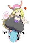  1girl ^_^ age_difference bare_shoulders baseball_cap between_breasts blonde_hair blue_shirt blush breasts closed_eyes covered_nipples dragon_girl dragon_horns gradient happy hat heart highres horns huge_breasts jikatarou kobayashi-san_chi_no_maidragon long_hair long_sleeves magatsuchi_shouta navel quetzalcoatl_(maidragon) shirt simple_background smile sweatdrop tank_top thought_bubble under_clothes upper_body white_background 