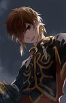  brown_hair capelet dark_persona earrings feather_earrings gloves green_eyes grey_sky hilt holding holding_weapon jewelry long_sleeves looking_at_viewer male_focus open_mouth qitoli shaded_face shadow sky solo sorey_(tales) sword tales_of_(series) tales_of_zestiria weapon 