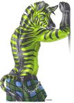  chain character_riot clothing equine facial_piercing green_skin kilt lip_piercing looking_back male mammal mohawk muscular nose_piercing nose_ring piercing punk scottish sinistervibe snakebite_piercing solo stripes traditional_media_(artwork) zebra 