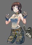  backless_outfit bangs bare_arms bare_back bare_shoulders belt belt_buckle blue_eyes blush breasts brown_hair buckle camouflage camouflage_shorts cargo_shorts collarbone commentary covered_nipples cowboy_shot cropped_legs erica_(naze1940) eyebrows glint gloves grey_background hair_tie hands_up highres medium_breasts meme_attire middle_finger military nervous open_mouth original out_of_frame parted_bangs ponytail scissors shadow shirt short_hair short_ponytail shorts sideboob simple_background solo_focus strap sweat tactical_clothes taut_clothes taut_shirt tears teeth torn_clothes torn_shirt turtleneck virgin_killer_sweater zipper 