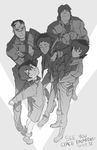  4boys arms_behind_back commentary glasses greyscale highres hunk_(voltron) hyakujuu-ou_golion keith_(voltron) lance_(voltron) looking_at_viewer looking_up monochrome multicolored_hair multiple_boys pidge_gunderson scar smile steve_ahn takashi_shirogane two-tone_hair voltron:_legendary_defender 