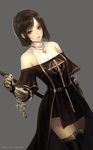  bare_shoulders black_eyes black_hair cross dress dungeon_and_fighter female_priest_(dungeon_and_fighter) gauntlets highres shal.e short_hair solo thighhighs 