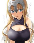  arms_at_sides bangs blonde_hair blue_eyes blush breasts cleavage commentary_request eyebrows_visible_through_hair fate/apocrypha fate_(series) grey_sweater headpiece heart jeanne_d'arc_(fate) jeanne_d'arc_(fate)_(all) large_breasts long_hair looking_at_viewer meme_attire open-chest_sweater parted_lips protected_link saikawa_yusa simple_background sleeveless sleeveless_turtleneck smile solo sweater turtleneck turtleneck_sweater twitter_username upper_body white_background 
