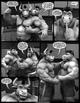  2017 abs anthro biceps bovine braford cattle clothing comic duo equine eye_contact hat horn horse male mammal musclegut muscular muscular_male navel nipples pecs romantic_couple shirt shorts speech_bubble undressing 
