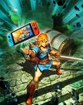  1girl blonde_hair blue_eyes commentary emphasis_lines genzoman item_get link looking_at_viewer male_focus nintendo nintendo_switch pointy_ears princess_zelda shield smile sword the_legend_of_zelda the_legend_of_zelda:_breath_of_the_wild treasure_chest weapon 