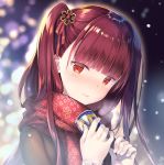  1girl bangs blunt_bangs blurry blurry_background blush bow brown_hair brown_jacket can closed_mouth commentary_request depth_of_field eyebrows_visible_through_hair girls_frontline gloves hair_ornament hair_ribbon hands_up head_tilt highres holding holding_can jacket long_hair one_side_up print_scarf red_eyes red_ribbon red_scarf rei_(rei&#039;s_room) rei_(rei's_room) ribbon scarf snowflake_print solo wa2000_(girls_frontline) white_bow white_gloves 
