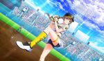  1girl 1other baseball_cap baseball_mitt baseball_stadium baseball_uniform black_shorts black_undershirt blue_shirt blurry brown_hair cinderella_series closed_mouth cloud crowd day depth_of_field dutch_angle film_grain floating_hair foot_out_of_frame game_cg grey_pants hachigatsu_no_cinderella_nine hanshin_koshien_stadium hanshin_tigers hat highres kneehighs leg_up lens_flare light_particles light_rays long_hair looking_ahead low_twintails multicolored_footwear non-web_source official_alternate_costume official_art orange_eyes outdoors pants pitching shiina_yukari_(hachigatsu_no_cinderella_nine) shirt shirt_under_shirt short_sleeves shorts shorts_under_skirt skirt sky smile socks solo_focus sportswear striped_clothes striped_shirt sunbeam sunlight tied_shirt twintails umpire v-shaped_eyebrows vertical-striped_clothes vertical-striped_shirt white_skirt yellow_socks 