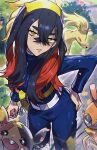  1girl absurdres anger_vein arm_at_side black_hair blue_gakuran blueberry_academy_school_uniform breasts carmine_(pokemon) colored_inner_hair crossed_bangs eyelashes fox hair_between_eyes hairband hamster hand_on_own_hip highres holding holding_poke_ball lizard long_hair long_sleeves mole mole_under_eye morpeko morpeko_(full) multicolored_hair ninetales poke_ball poke_ball_(basic) pokemon pokemon_(creature) pokemon_sv red_hair ryairyai school_uniform scrafty yellow_bag yellow_eyes yellow_hairband 