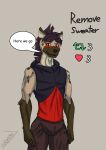  absurd_res anthro bodypaint bottomwear clothed clothing dialogue face_paint hair hi_res hyena looking_at_viewer male mammal odoral567 orange_eyes pants purple_hair red_face_paint signature sleeveless_hoodie solo speech_bubble spots spotted_hyena strip_game sweatpants 