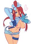  blue_eyes breasts cleavage fuuro_(pokemon) gloves gym_leader highres large_breasts nipples one_eye_closed pokemon pokemon_(game) pokemon_bw red_hair shirt_lift shorts simple_background sketch solo white_background zaitsu 