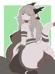 absurd_res anthro antlers ashley_(vinthebat) belly big_belly big_breasts big_butt breasts butt deer ear_tuft eyes_closed female fluffy fluffy_tail front_view fur grey_body grey_fur hair hair_over_eye half-length_portrait hi_res horn huge_breasts hybrid long_hair maloonie mammal mountain_deer_dragon navel nipples nude overweight overweight_anthro overweight_female portrait pregnant pregnant_anthro pregnant_female simple_background smile solo striped_body striped_fur stripes tail thick_thighs tuft white_body white_fur wide_hips