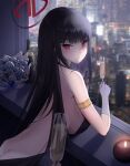  1girl absurdres alternate_costume back backless_dress backless_outfit bare_shoulders black_dress black_hair black_halo blue_archive bottle bouquet breasts building butt_crack candle cityscape cup dress evening_gown gloves halo highres hime_cut holding holding_cup large_breasts long_hair looking_at_viewer naze236 red_eyes rio_(blue_archive) sideboob skyscraper solo very_long_hair white_gloves wine_bottle 