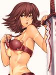  .hack//sign 1girl armor bare_shoulders blue_eyes bob_cut bra bra_lift breast_slip breasts brown_hair fumio_(rsqkr) lingerie medium_breasts midriff mimiru_(.hack//) nipples one_breast_out short_hair sideboob solo standing sword underwear weapon 