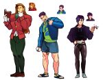  3boys absurdres black_pants blue_jacket brown_footwear charm_(object) collared_shirt commentary elliott_(stardew_valley) english_commentary full_body gloves green_shirt highres holding_charm hood hoodie idoraad jacket leg_hair long_hair long_sleeves male_focus multiple_boys official_art_inset open_mouth orange_hair pants penis_slip purple_hair purple_hoodie sandals sebastian_(stardew_valley) shane_(stardew_valley) shirt short_hair simple_background standing stardew_valley teeth unfinished white_background white_gloves yawning 