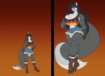 2024 abs accessory age_progression anthro bedroom_eyes before_and_after big_breasts big_tail black_hair blue_bottomwear blue_clothing blue_shorts body_size_growth boots bottomwear breast_expansion breasts brown_body brown_boots brown_clothing brown_footwear brown_fur canid canine canis chest_tuft cleavage clothed clothed_anthro clothed_female clothing expansion eye_scar facial_scar female footwear fur furgonomics grey_body grey_fur hair hand_on_hip hi_res huge_breasts jewelry long_hair looking_at_viewer macro mammal multicolored_body multicolored_fur muscular muscular_anthro muscular_female narrowed_eyes reba_yukata red_eyes ring scar seductive shoes shorts size_transformation small_breasts solo tail tail_accessory tail_jewelry tail_ring thick_thighs thigh_expansion toughset transformation tuft white_body white_fur widescreen wolf