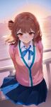  1girl absurdres arms_behind_back black_overskirt blue_overskirt blue_ribbon blush brown_eyes brown_hair cardigan closed_mouth commentary_request daika!! evening gakuen_idolmaster hair_bun hanami_ume hatsuboshi_gakuen_school_uniform highres idolmaster looking_at_viewer neck_ribbon outdoors pink_cardigan ribbon school_uniform shirt short_hair single_side_bun smile solo sunset white_shirt 