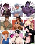  6+boys abs angel_wings artist_name bad_id bad_twitter_id bara bat_wings beard_stubble black_hair black_sclera blood blue_vest borrowed_character brown_eyes brown_hair bruise bruise_on_face clothes_lift collage collared_shirt colored_sclera colored_skin crossed_arms dark-skinned_male dark_skin demon_horns demon_wings dilftown_(schizoid) ear_piercing facial_hair flower flower_tattoo freckles green_eyes green_shirt grey_eyes grey_hair gumroad_logo gumroad_username highres horns idoraad injury large_pectorals looking_at_viewer male_focus mature_male multiple_boys muscular muscular_male mustache_stubble navel nipples nosebleed one_eye_closed orange_hair original pectoral_cleavage pectorals piercing pink_flower pointy_ears purple_eyes purple_hair purple_skin red_eyes rico_souza shirt shirt_lift short_hair smile stubble tattoo teeth undercut v vest white_background white_hair wings 